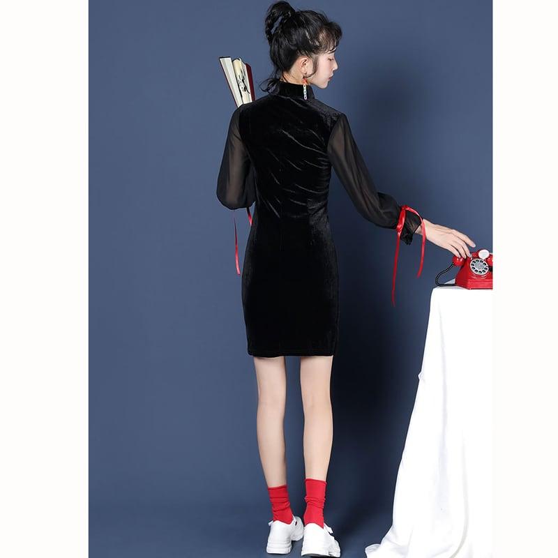 チャイナ風ワンピース ベルベット チャイナドレス ブラック 黒い S M L 長袖 レトロ 個性的 - ChinChic
