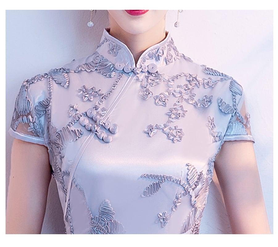 【爱裳花嫁シリーズ】★チャイナドレス★ ワンピース 刺繍入り マーメイドライン 綺麗め S M L 着痩せ シルバーグレー - ChinChic