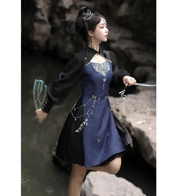 【塵煙雲夢---蝴蝶蠱シリーズ】★チャイナ風ワンピース★ 切り替え 長袖 中華服 イベント デート 撮影 普段着 S M L - ChinChic