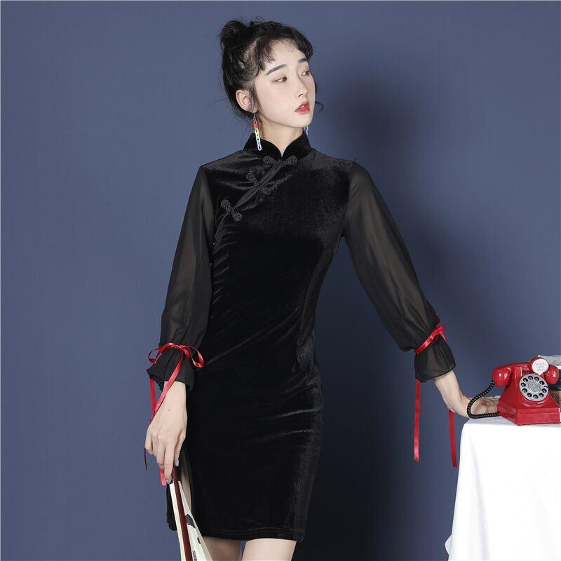 チャイナ風ワンピース ベルベット チャイナドレス ブラック 黒い S M L 長袖 レトロ 個性的 - ChinChic