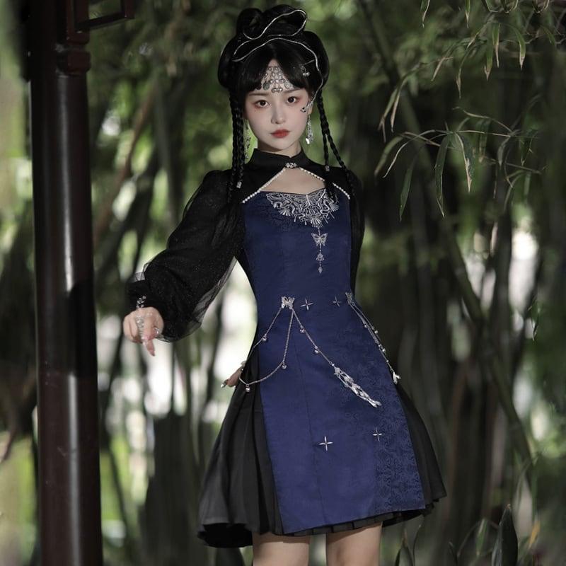 【塵煙雲夢---蝴蝶蠱シリーズ】★チャイナ風ワンピース★ 切り替え 長袖 中華服 イベント デート 撮影 普段着 S M L - ChinChic
