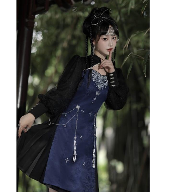 【塵煙雲夢---蝴蝶蠱シリーズ】★チャイナ風ワンピース★ 切り替え 長袖 中華服 イベント デート 撮影 普段着 S M L - ChinChic