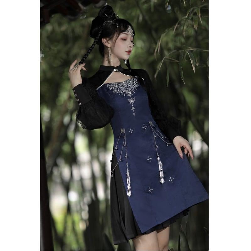 【塵煙雲夢---蝴蝶蠱シリーズ】★チャイナ風ワンピース★ 切り替え 長袖 中華服 イベント デート 撮影 普段着 S M L - ChinChic