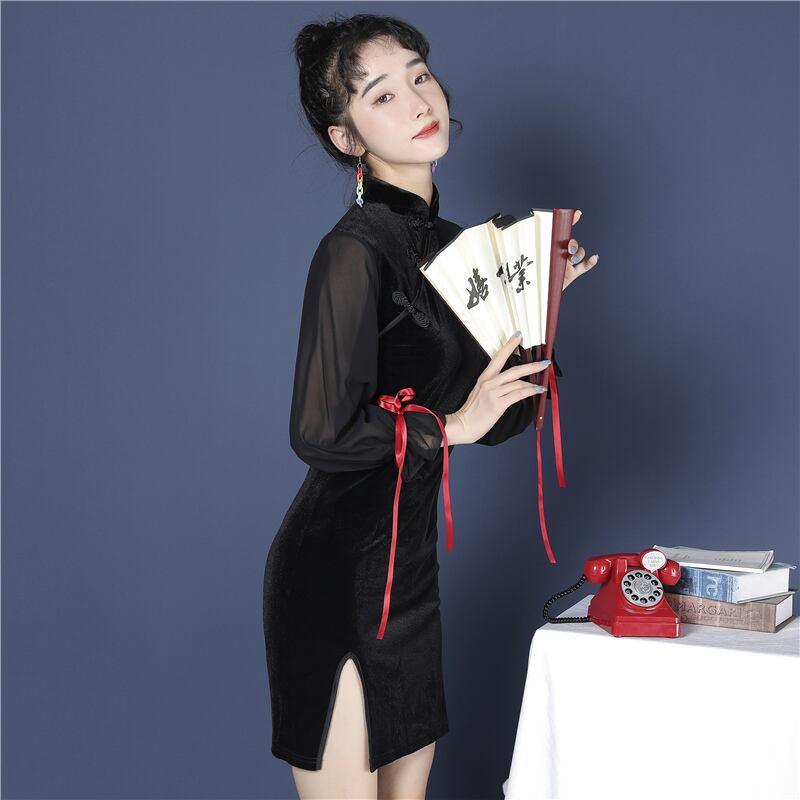 チャイナ風ワンピース ベルベット チャイナドレス ブラック 黒い S M L 長袖 レトロ 個性的 - ChinChic