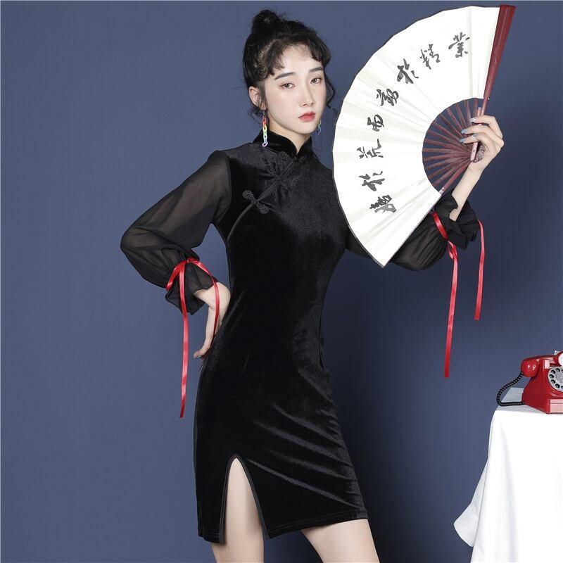 チャイナ風ワンピース ベルベット チャイナドレス ブラック 黒い S M L 長袖 レトロ 個性的 - ChinChic