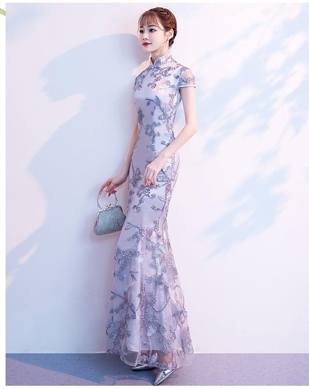 【爱裳花嫁シリーズ】★チャイナドレス★ ワンピース 刺繍入り マーメイドライン 綺麗め S M L 着痩せ シルバーグレー - ChinChic