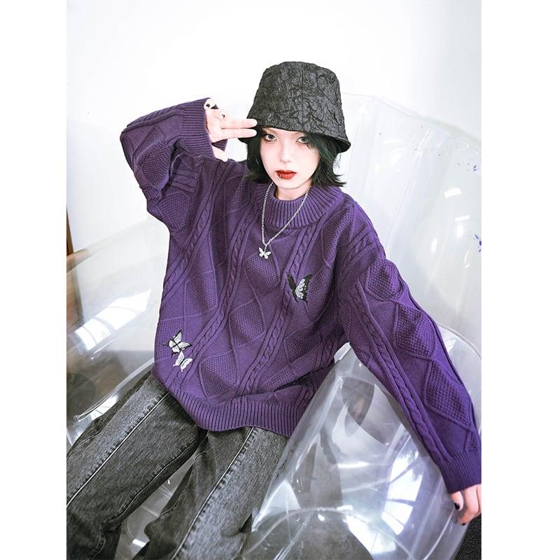 【古怪舍---燕尾蝶シリーズ】★チャイナ風セーター★ トップス 刺繍 蝶々 パープル 紫色 S M L カジュアル - ChinChic