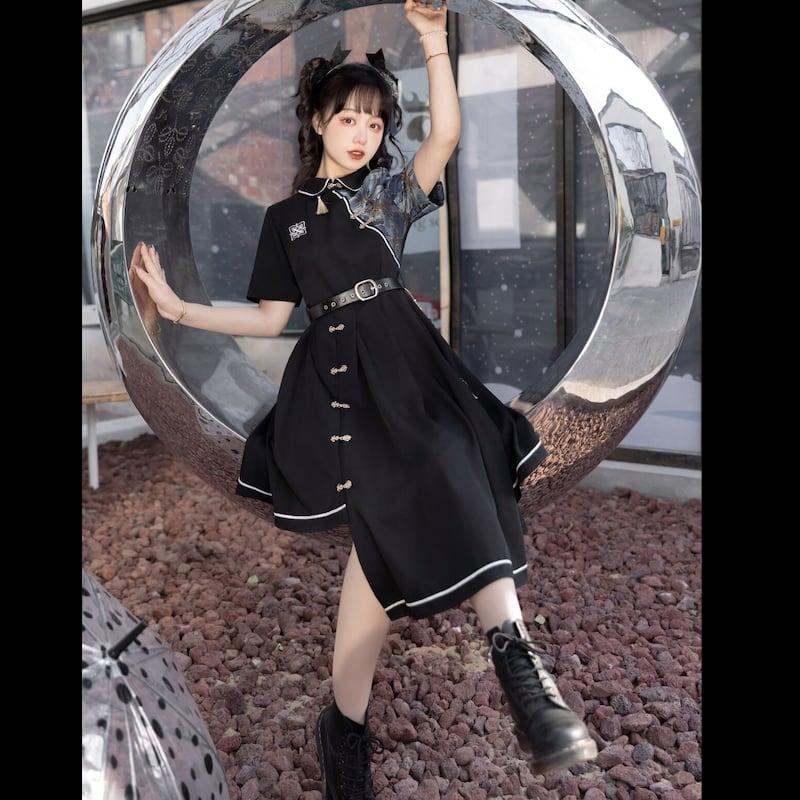 【塵煙雲夢---不夜城シリーズ】★チャイナ風ワンピース★ 切り替え 花柄 ブラック 黒い 不規則 半袖 S M L オリジナル - ChinChic