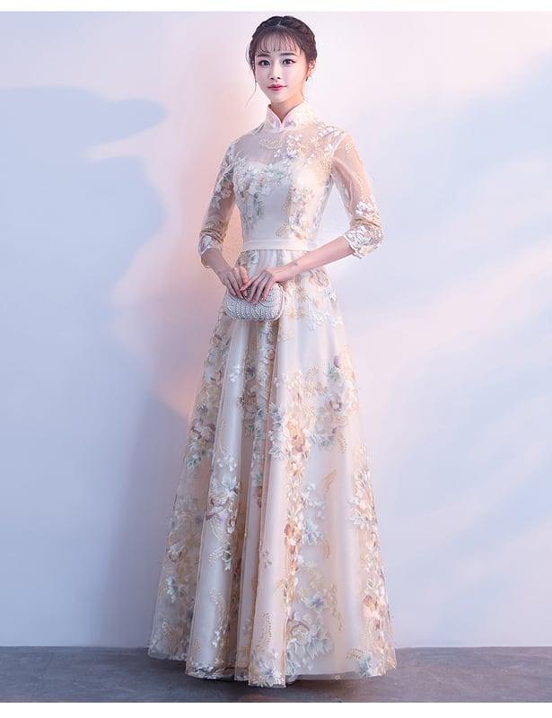 パーティードレス ワンピース ロングドレス 二次会 結婚式 演奏会 エレガント チャイナ風 スタンドネック 七分袖 ロング丈 マキシ丈 大きいサイズ S M L LL 3L シャンパン 刺繍入り - ChinChic