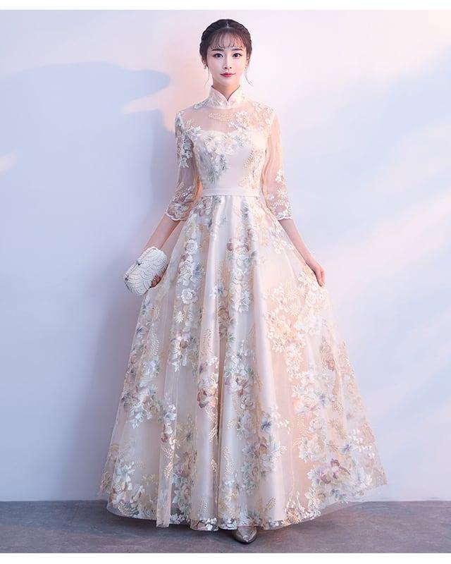 パーティードレス ワンピース ロングドレス 二次会 結婚式 演奏会 エレガント チャイナ風 スタンドネック 七分袖 ロング丈 マキシ丈 大きいサイズ S M L LL 3L シャンパン 刺繍入り - ChinChic