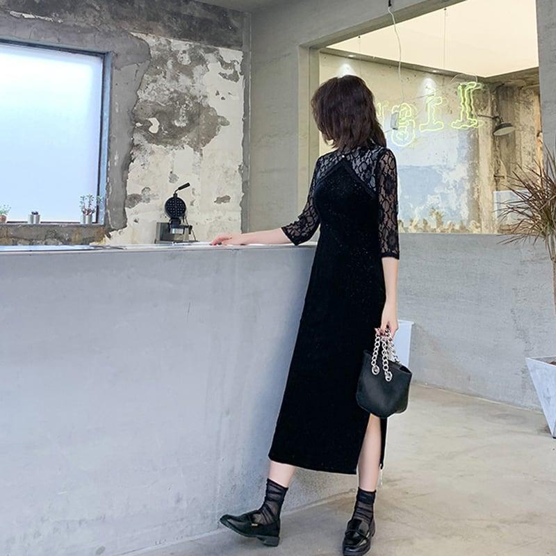 ロングチャイナドレス チャイナ風ワンピース チャイナ風服 中華服 二次会 女子会 同窓会 スタンドネック 七分袖 大きいサイズ S M L LL 3L レース ベルベット ブラック 黒い - ChinChic