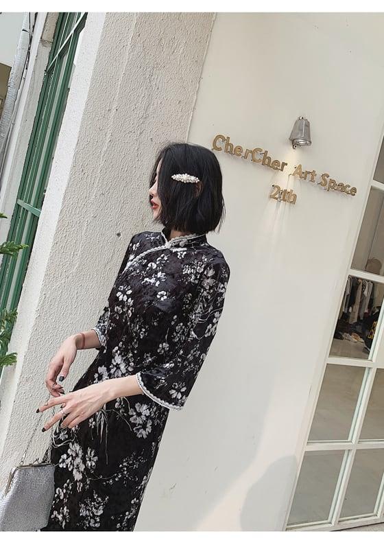 ロング丈チャイナドレス チャイナ風ワンピース チャイナ風服 中華服 二次会 女子会 同窓会 スタンドネック 七分袖 大きいサイズ S M L LL 3L ベルベット ブラック 黒い - ChinChic