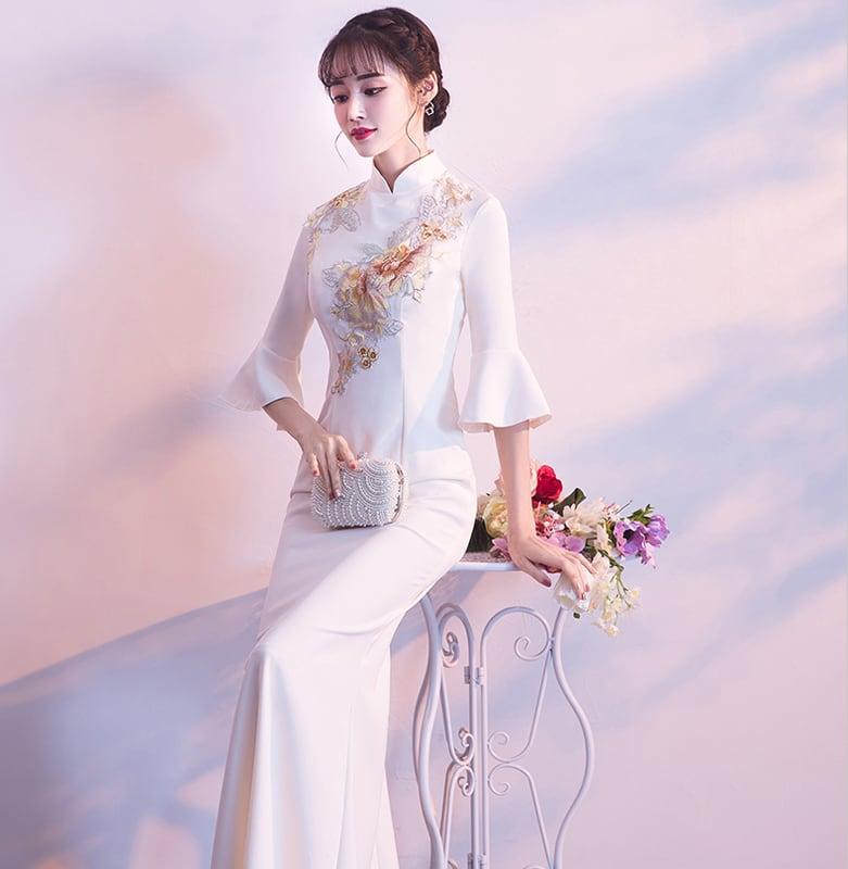 パーティードレス ワンピース ロングドレス 二次会 結婚式 演奏会 マーメイドライン エレガント チャイナ風 スタンドネック 七分袖 ロング丈 大きいサイズ S M L LL 3L シャンパン 刺繍入り - ChinChic