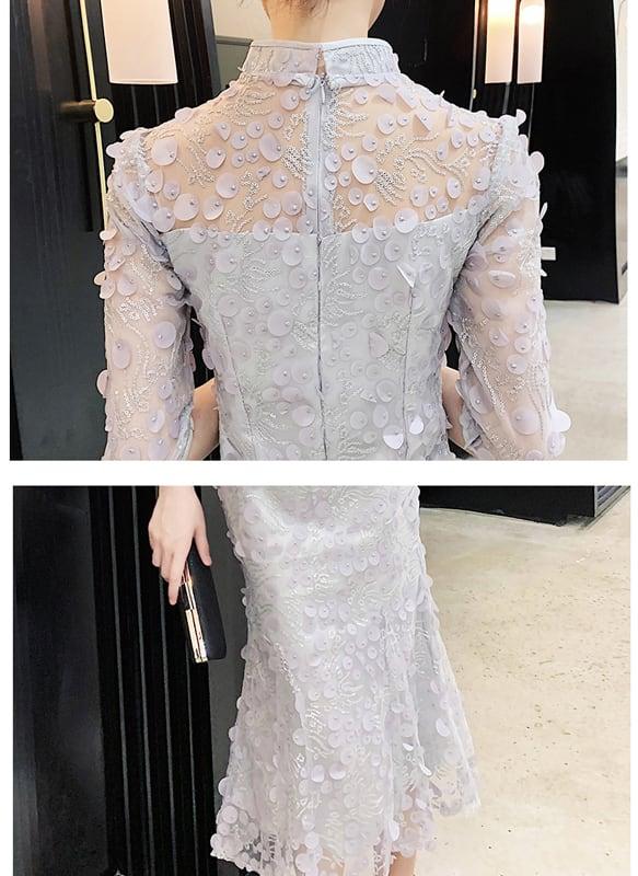 ロング丈チャイナドレス 改良型チャイナドレス チャイナ風ワンピース チャイナ風服 中華服 二次会 女子会 同窓会 スタンドネック 五分袖 大きいサイズ S M L LL 3L 上品 エレガント シルバーグレー マーメイドライン - ChinChic