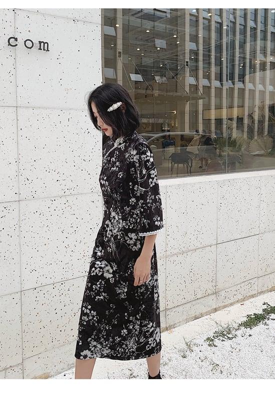 ロング丈チャイナドレス チャイナ風ワンピース チャイナ風服 中華服 二次会 女子会 同窓会 スタンドネック 七分袖 大きいサイズ S M L LL 3L ベルベット ブラック 黒い - ChinChic