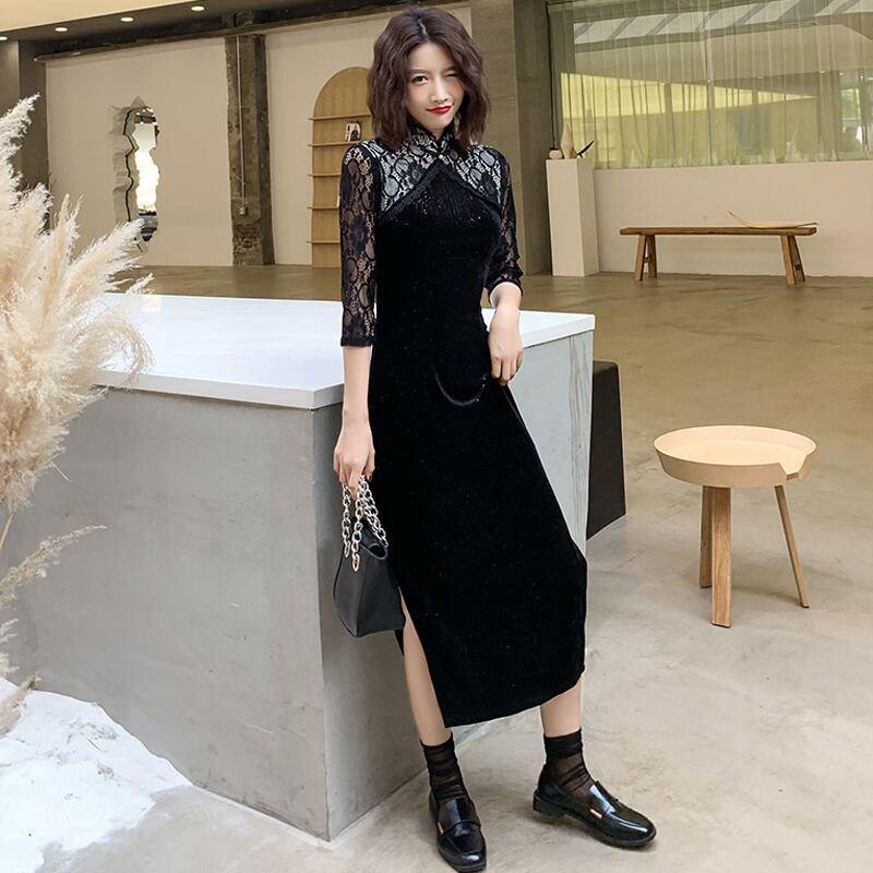 ロングチャイナドレス チャイナ風ワンピース チャイナ風服 中華服 二次会 女子会 同窓会 スタンドネック 七分袖 大きいサイズ S M L LL 3L レース ベルベット ブラック 黒い - ChinChic