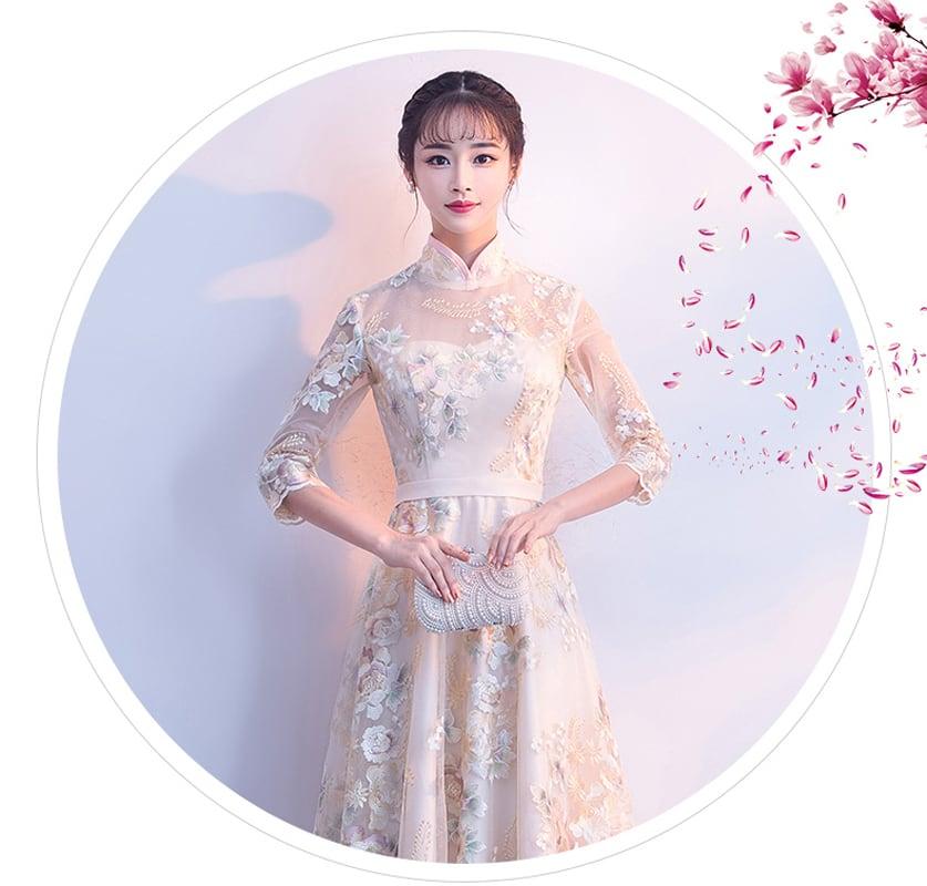 パーティードレス ワンピース ロングドレス 二次会 結婚式 演奏会 エレガント チャイナ風 スタンドネック 七分袖 ロング丈 マキシ丈 大きいサイズ S M L LL 3L シャンパン 刺繍入り - ChinChic