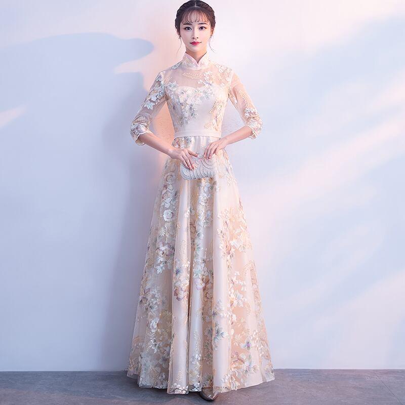 パーティードレス ワンピース ロングドレス 二次会 結婚式 演奏会 エレガント チャイナ風 スタンドネック 七分袖 ロング丈 マキシ丈 大きいサイズ S M L LL 3L シャンパン 刺繍入り - ChinChic