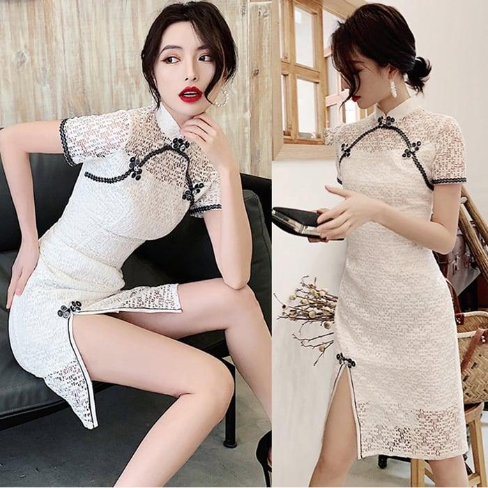 チャイナドレス 大きいサイズ S M L LL 3L 4L パーティー セクシー スリット ホワイト 白い レース - ChinChic