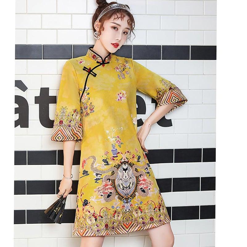 【嬉湘記シリーズ】★チャイナドレス★ ゆったり 着痩せ 可愛い ワンピース S M L LL 3L 4L ショート丈 イエロー - ChinChic