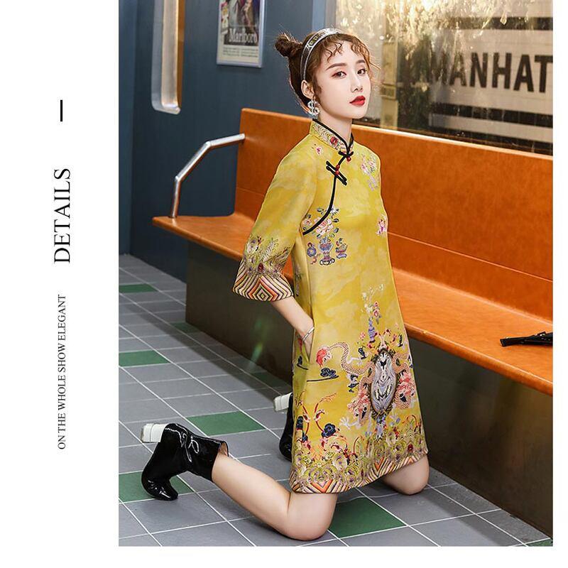 【嬉湘記シリーズ】★チャイナドレス★ ゆったり 着痩せ 可愛い ワンピース S M L LL 3L 4L ショート丈 イエロー - ChinChic