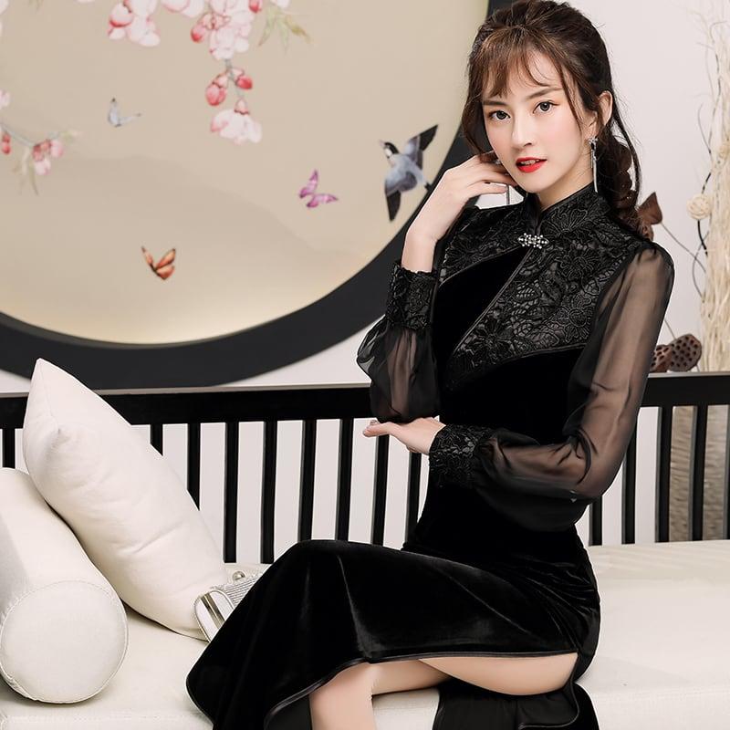 ロングチャイナドレス 改良型チャイナドレス パーティードレス チャイナ風ワンピース チャイナ風服 中華服 二次会 女子会 同窓会 スタンドネック 長袖 大きいサイズ S M L LL 3L 4L エレガント ブラック 黒い ベルベット シフォン - ChinChic