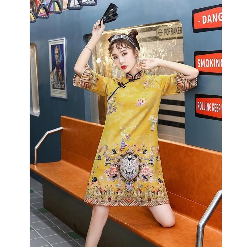 【嬉湘記シリーズ】★チャイナドレス★ ゆったり 着痩せ 可愛い ワンピース S M L LL 3L 4L ショート丈 イエロー - ChinChic