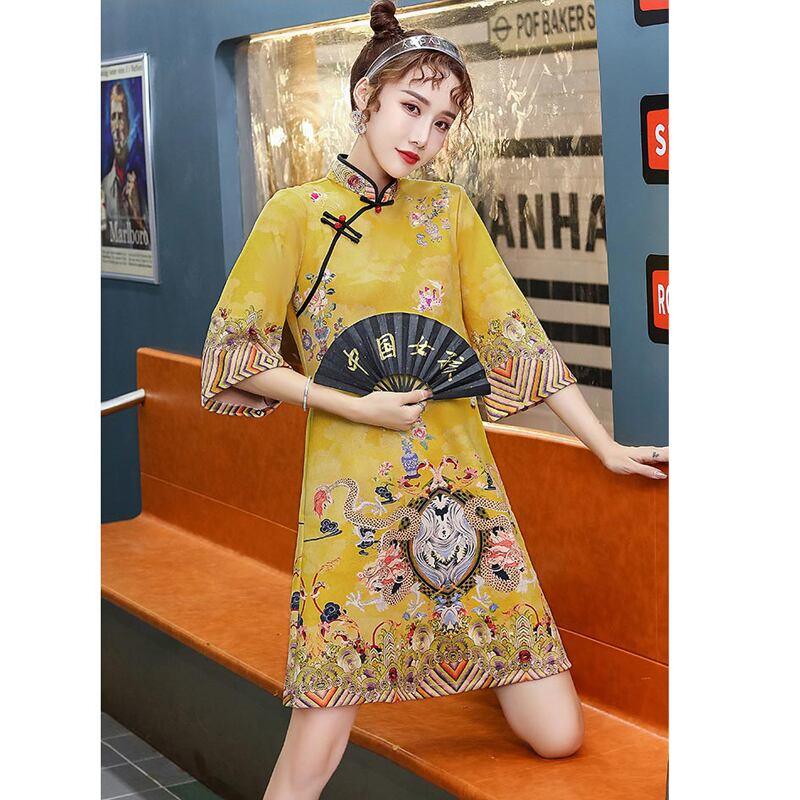 【嬉湘記シリーズ】★チャイナドレス★ ゆったり 着痩せ 可愛い ワンピース S M L LL 3L 4L ショート丈 イエロー - ChinChic