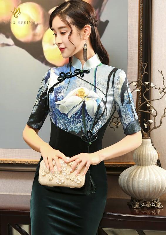 高級品 ロング丈チャイナドレス ロングドレス チャイナ風ドレス チャイナ風服 中華服 二次会 女子会 パーティー スタンドネック 五分袖 大きいサイズ S M L LL 3L 4L 気品ある プリント オリジナル - ChinChic