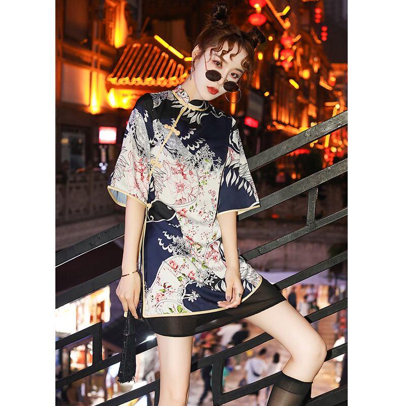 チャイナドレス 中華服 ショート丈 パーティー 二次会 大きいサイズ S M L LL 3L 4L ブルー 青い - ChinChic