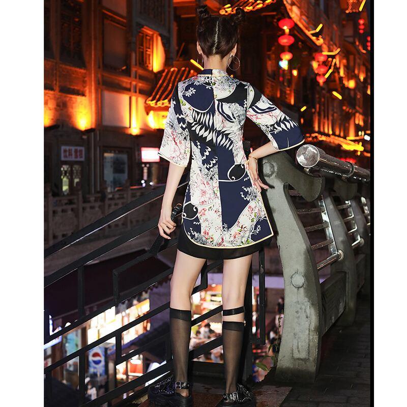 チャイナドレス 中華服 ショート丈 パーティー 二次会 大きいサイズ S M L LL 3L 4L ブルー 青い - ChinChic