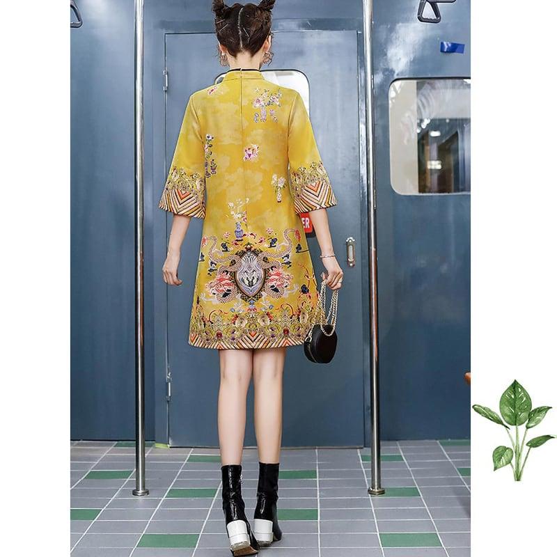 【嬉湘記シリーズ】★チャイナドレス★ ゆったり 着痩せ 可愛い ワンピース S M L LL 3L 4L ショート丈 イエロー - ChinChic