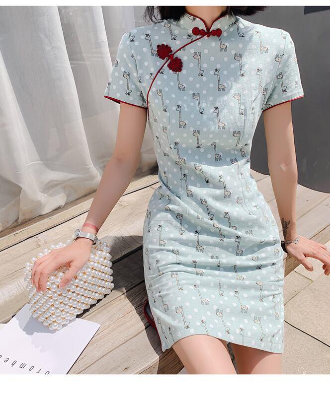 チャイナドレス ワンピース ドレス チャイナ風服 女子会 同窓会 パーティー スタンドネック 半袖 ショート丈 エレガント 着痩せ 可愛い 大きいサイズ S M L LL 3L 4L グリーン - ChinChic