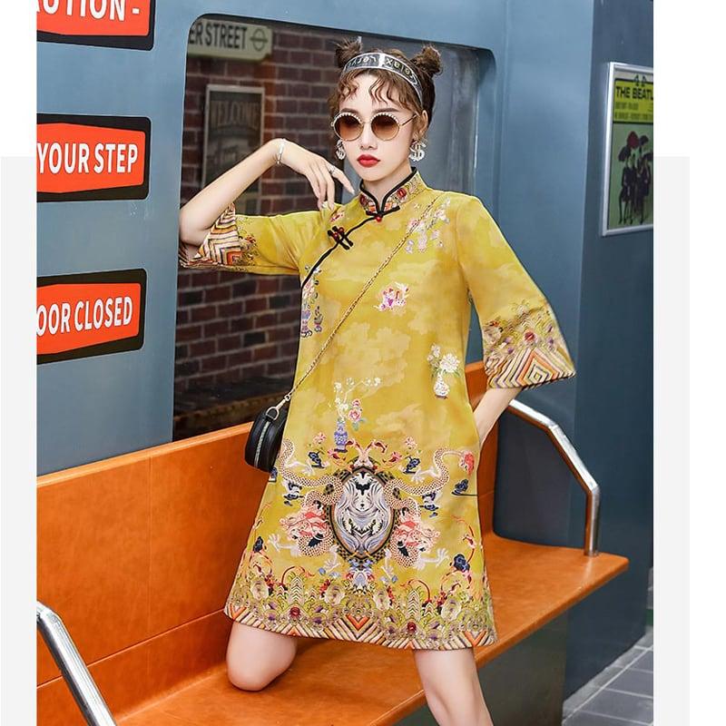 【嬉湘記シリーズ】★チャイナドレス★ ゆったり 着痩せ 可愛い ワンピース S M L LL 3L 4L ショート丈 イエロー - ChinChic