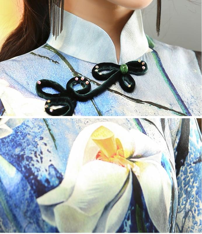 高級品 ロング丈チャイナドレス ロングドレス チャイナ風ドレス チャイナ風服 中華服 二次会 女子会 パーティー スタンドネック 五分袖 大きいサイズ S M L LL 3L 4L 気品ある プリント オリジナル - ChinChic