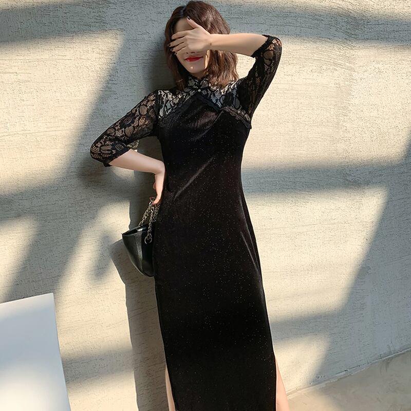 ロングチャイナドレス チャイナ風ワンピース チャイナ風服 中華服 二次会 女子会 同窓会 スタンドネック 七分袖 大きいサイズ S M L LL 3L レース ベルベット ブラック 黒い - ChinChic