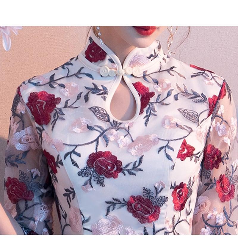 【亦画シリーズ】花刺繍入りチャイナドレス パーティー 二次会 お呼ばれドレス 大きいサイズ S M L LL 3L - ChinChic