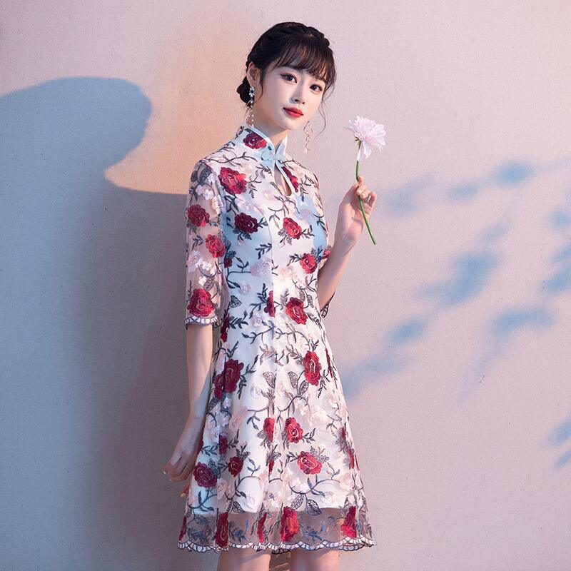 【亦画シリーズ】花刺繍入りチャイナドレス パーティー 二次会 お呼ばれドレス 大きいサイズ S M L LL 3L - ChinChic