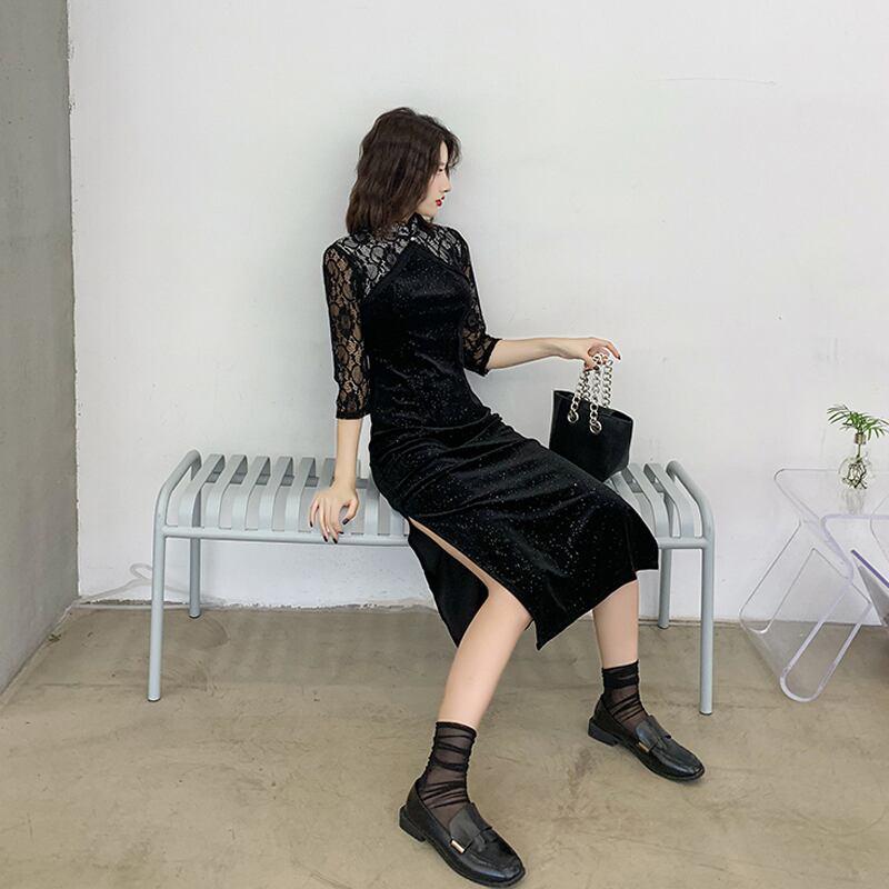 ロングチャイナドレス チャイナ風ワンピース チャイナ風服 中華服 二次会 女子会 同窓会 スタンドネック 七分袖 大きいサイズ S M L LL 3L レース ベルベット ブラック 黒い - ChinChic