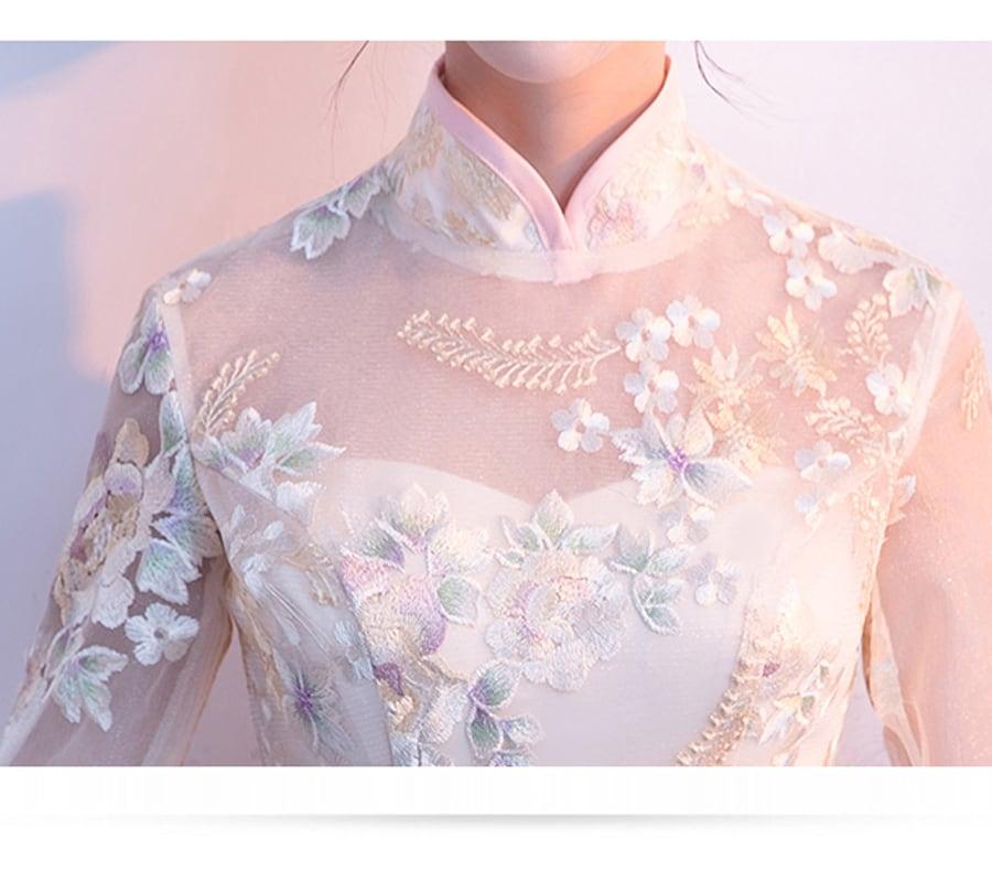 パーティードレス ワンピース ロングドレス 二次会 結婚式 演奏会 エレガント チャイナ風 スタンドネック 七分袖 ロング丈 マキシ丈 大きいサイズ S M L LL 3L シャンパン 刺繍入り - ChinChic