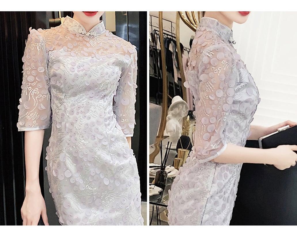 ロング丈チャイナドレス 改良型チャイナドレス チャイナ風ワンピース チャイナ風服 中華服 二次会 女子会 同窓会 スタンドネック 五分袖 大きいサイズ S M L LL 3L 上品 エレガント シルバーグレー マーメイドライン - ChinChic