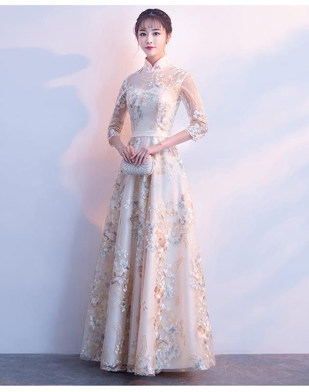 パーティードレス ワンピース ロングドレス 二次会 結婚式 演奏会 エレガント チャイナ風 スタンドネック 七分袖 ロング丈 マキシ丈 大きいサイズ S M L LL 3L シャンパン 刺繍入り - ChinChic