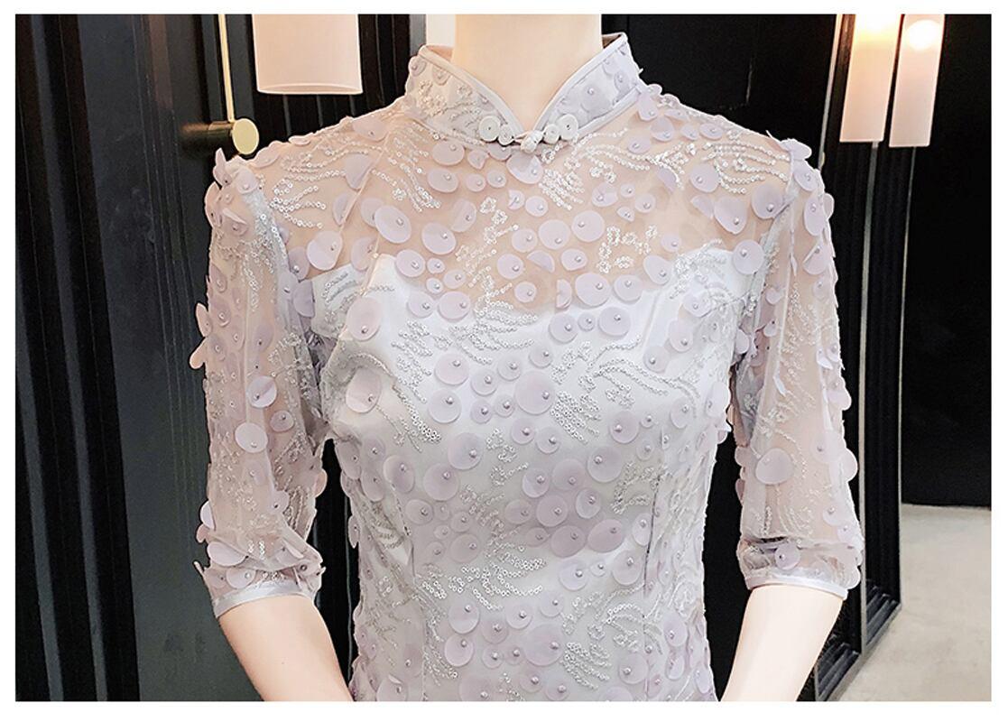 ロング丈チャイナドレス 改良型チャイナドレス チャイナ風ワンピース チャイナ風服 中華服 二次会 女子会 同窓会 スタンドネック 五分袖 大きいサイズ S M L LL 3L 上品 エレガント シルバーグレー マーメイドライン - ChinChic