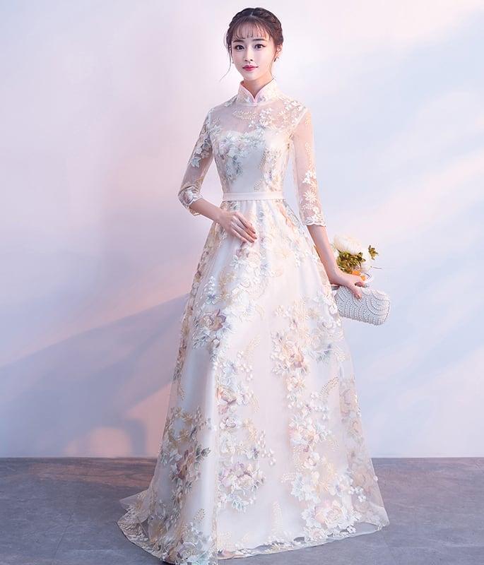パーティードレス ワンピース ロングドレス 二次会 結婚式 演奏会 エレガント チャイナ風 スタンドネック 七分袖 ロング丈 マキシ丈 大きいサイズ S M L LL 3L シャンパン 刺繍入り - ChinChic
