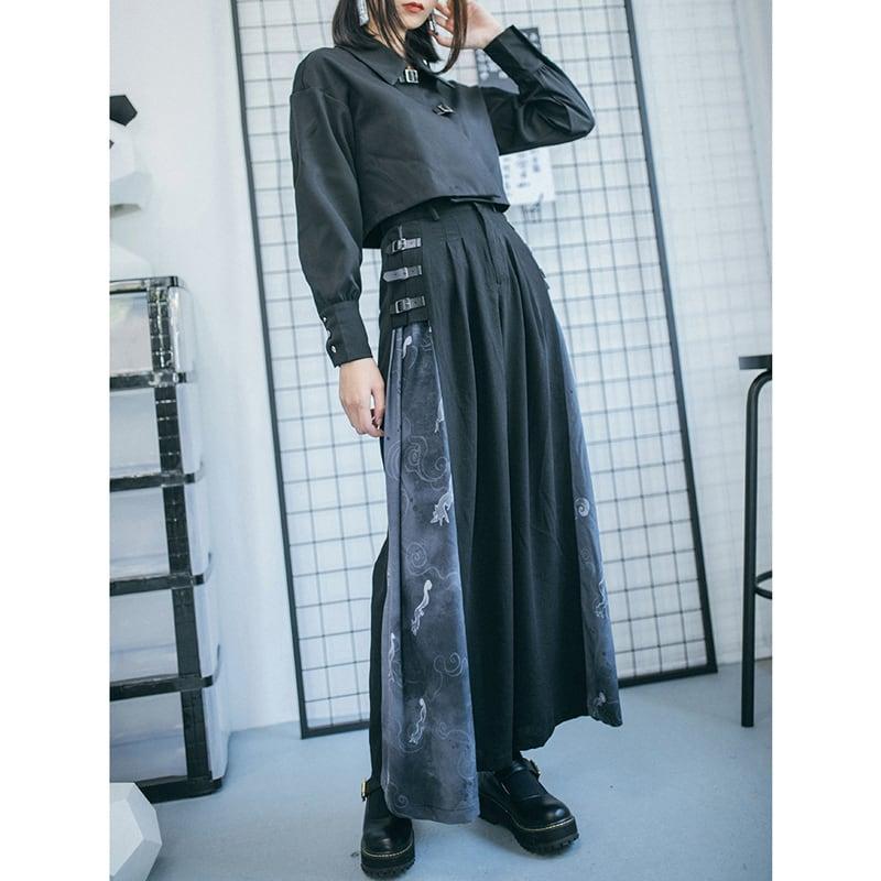 【古怪舍---狐影シリーズ】★チャイナ風パンツ★ ボトムス ズボン ワイドパンツ キツネ 狐 ブラック 黒い S M L XL - ChinChic
