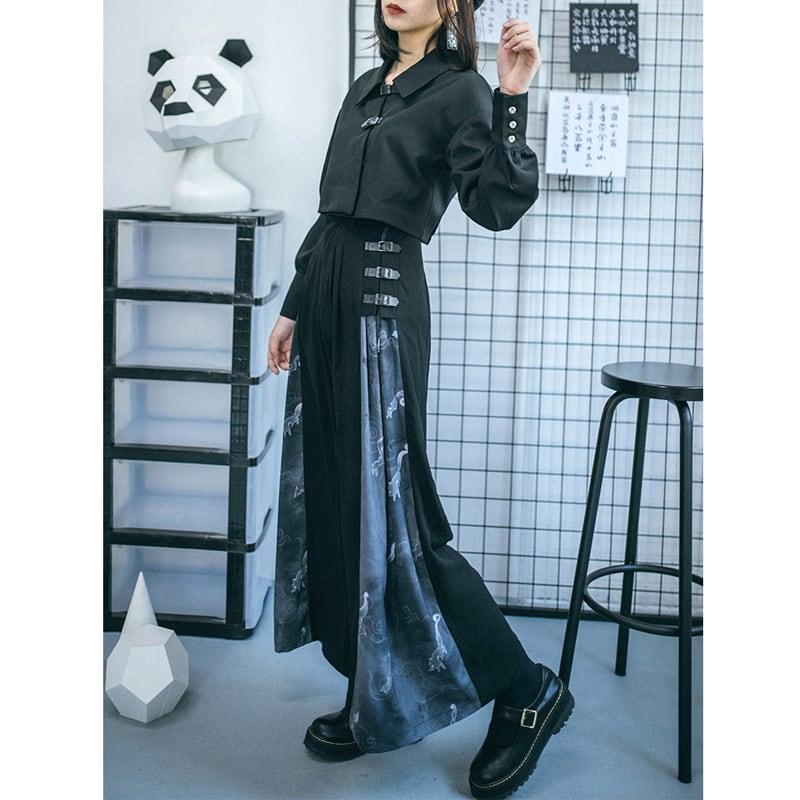【古怪舍---狐影シリーズ】★チャイナ風パンツ★ ボトムス ズボン ワイドパンツ キツネ 狐 ブラック 黒い S M L XL - ChinChic