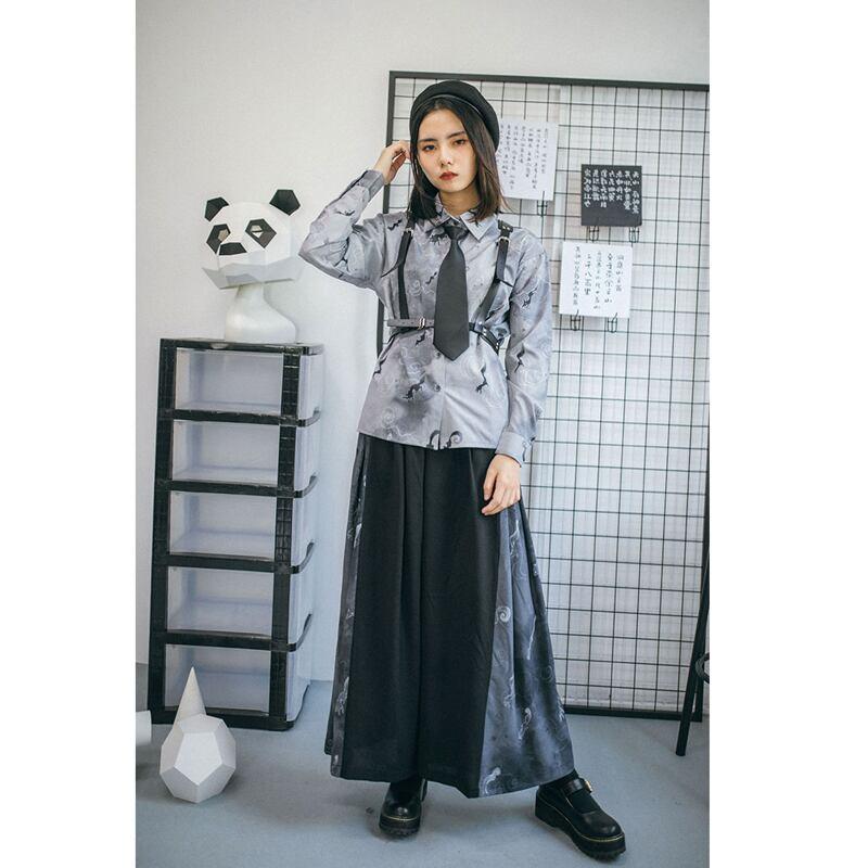【古怪舍---狐影シリーズ】★チャイナ風パンツ★ ボトムス ズボン ワイドパンツ キツネ 狐 ブラック 黒い S M L XL - ChinChic