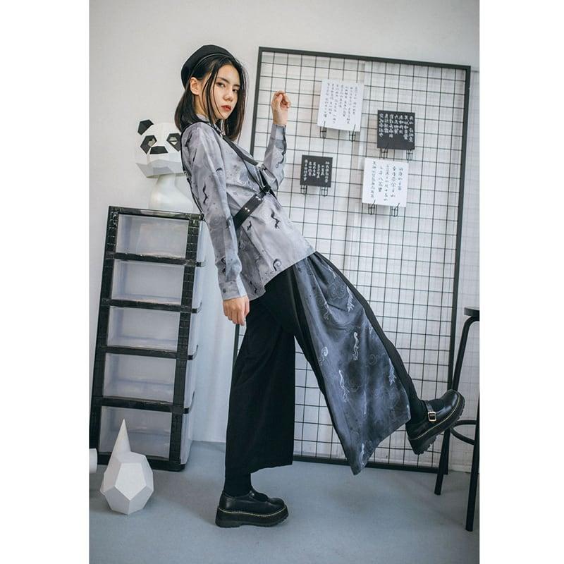 【古怪舍---狐影シリーズ】★チャイナ風パンツ★ ボトムス ズボン ワイドパンツ キツネ 狐 ブラック 黒い S M L XL - ChinChic