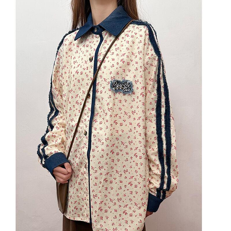 ✿新作!【SOLDOUTシリーズ】★シャツ★ 花柄シャツ 長袖シャツ トップス 男女兼用 メンズ 切り替え 合わせやすい - ChinChic
