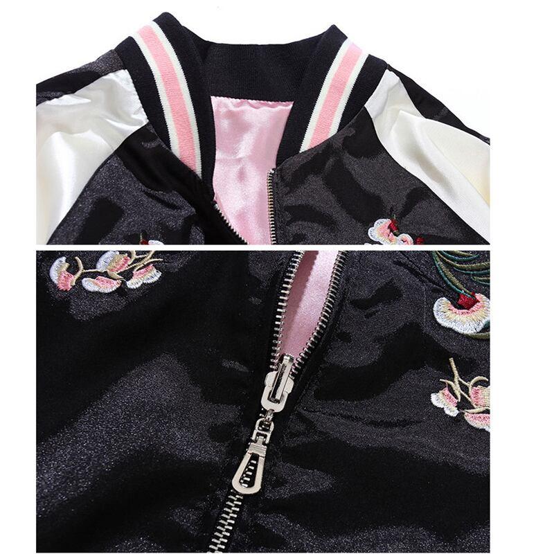 花刺繍スタジャン ジャケット 両面着れる服 チャイナ風服 SS S M L LL 男女兼用 カップル服 ピンク+黒 - ChinChic